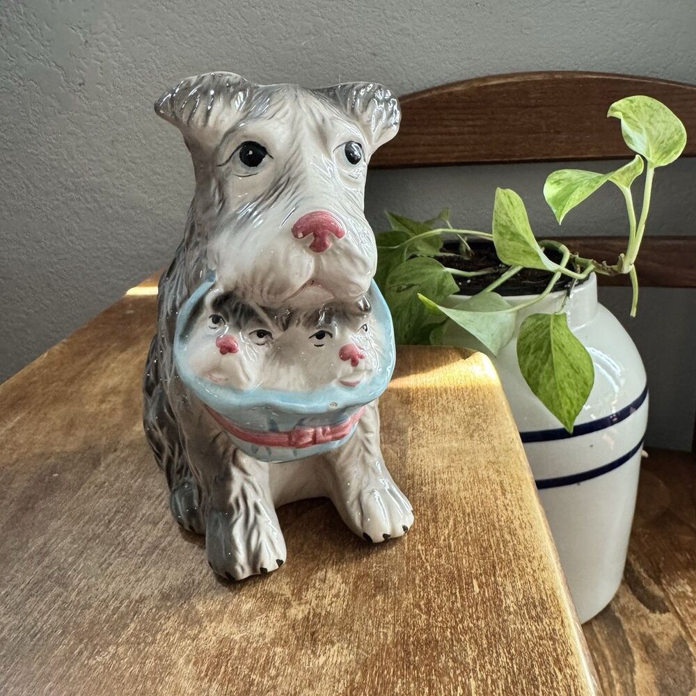 Ceramic Schnauzer Dog and Puppies Planter, Approximately inches tall